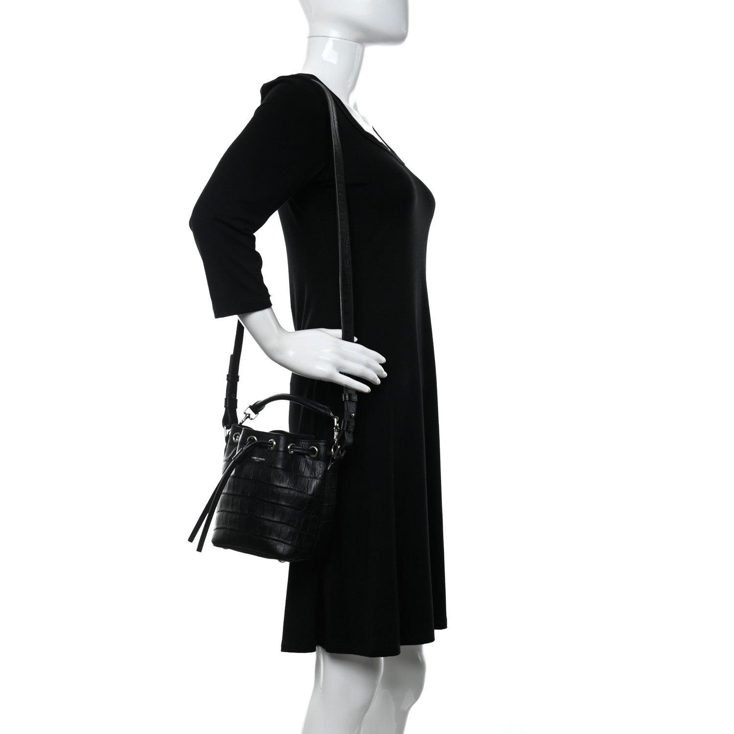Saint Laurent Calfskin Crocodile Embossed Small Emmanuelle Bucket Bag Black 2 of 8
