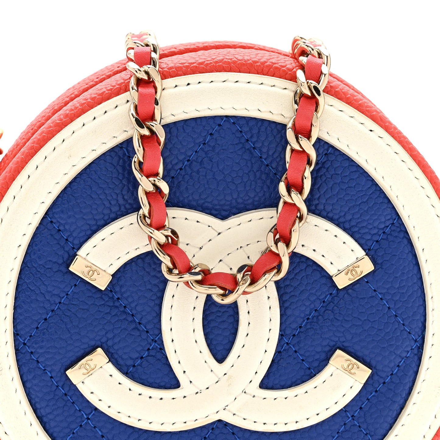 Caviar Quilted Round Filigree Crossbody Blue White Red