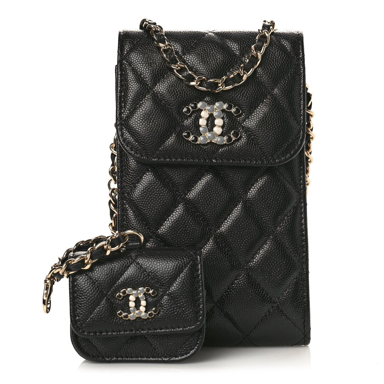 Chanel Caviar Quilted Crystal CC Airpods Pro and Phone Case With Chain Black 1 of 10