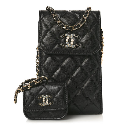 Chanel Caviar Quilted Crystal CC Airpods Pro and Phone Case With Chain Black 1 of 10