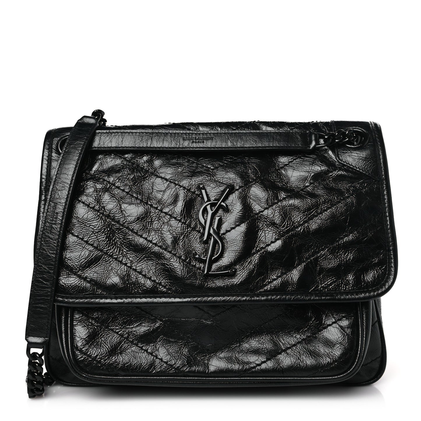 Crinkled Calfskin Matelasse Monogram Medium Niki Chain Satchel Black