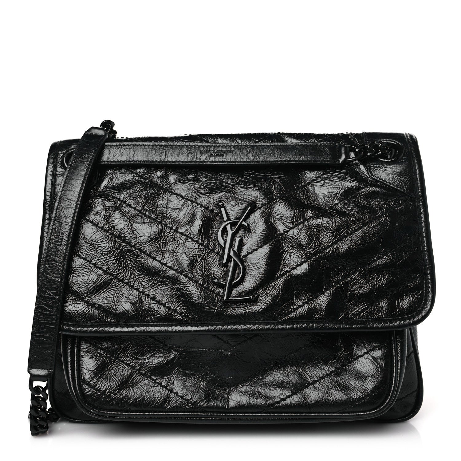 Saint Laurent Crinkled Calfskin Matelasse Monogram Medium Niki Chain Satchel Black 1 of 9