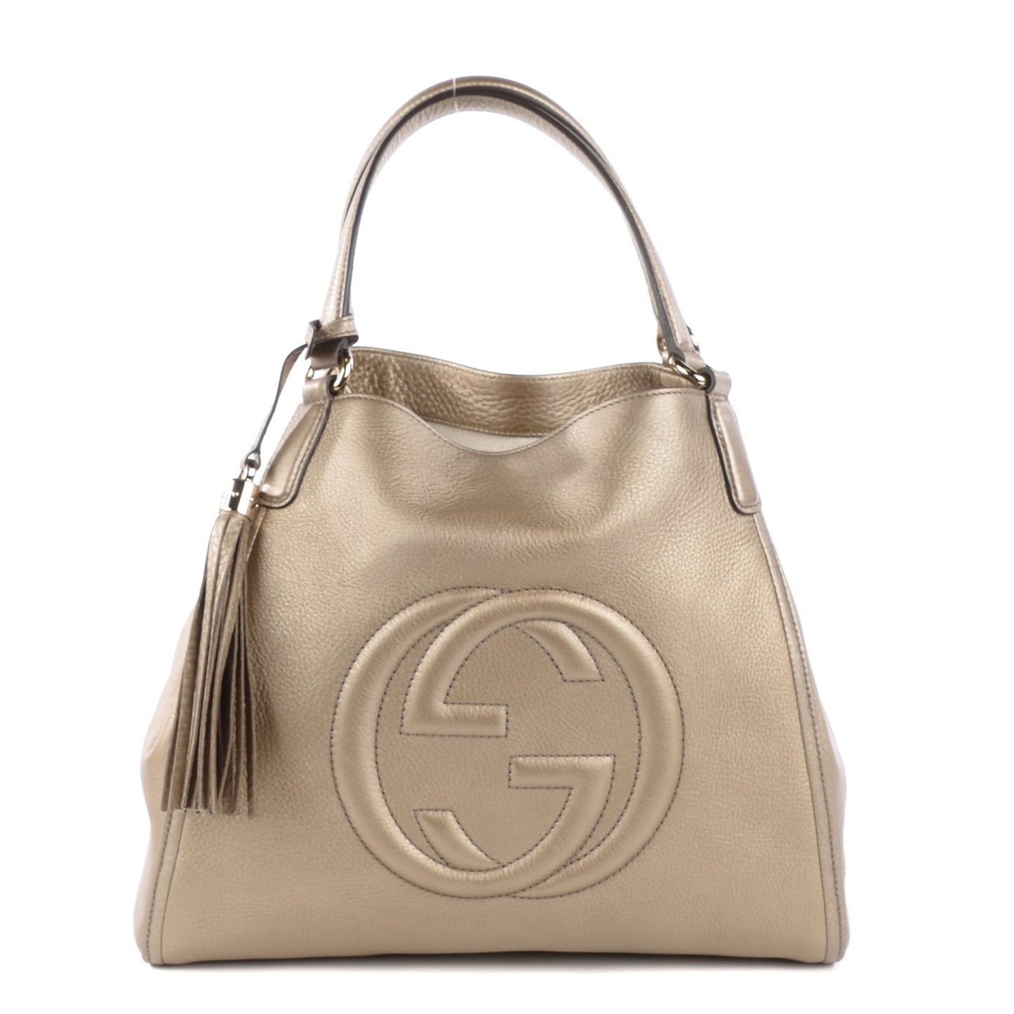 Metallic Pebbled Calfskin Medium Soho Shoulder Bag Golden Beige