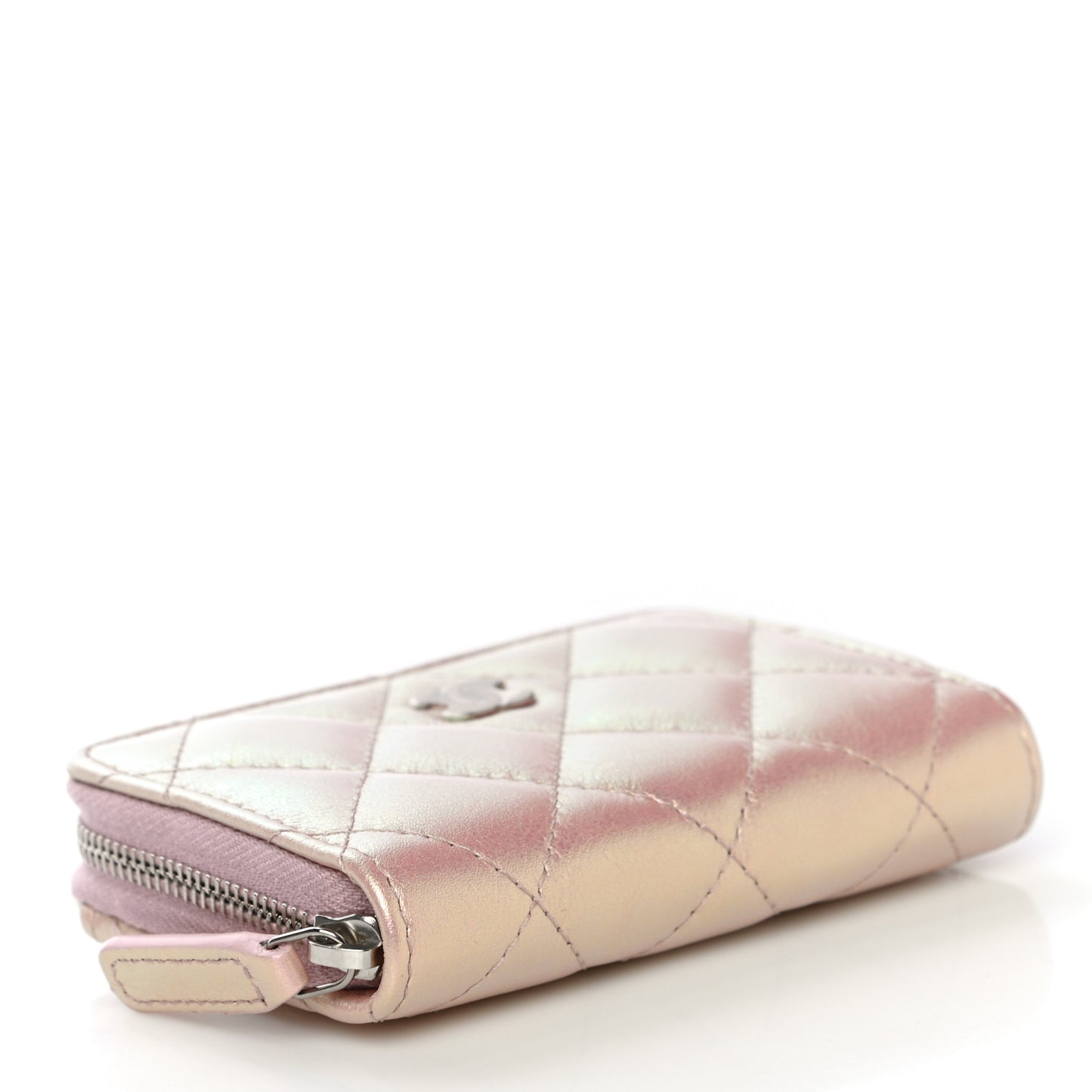 Iridescent Calfskin Quilted Zip Coin Purse Wallet Pink
