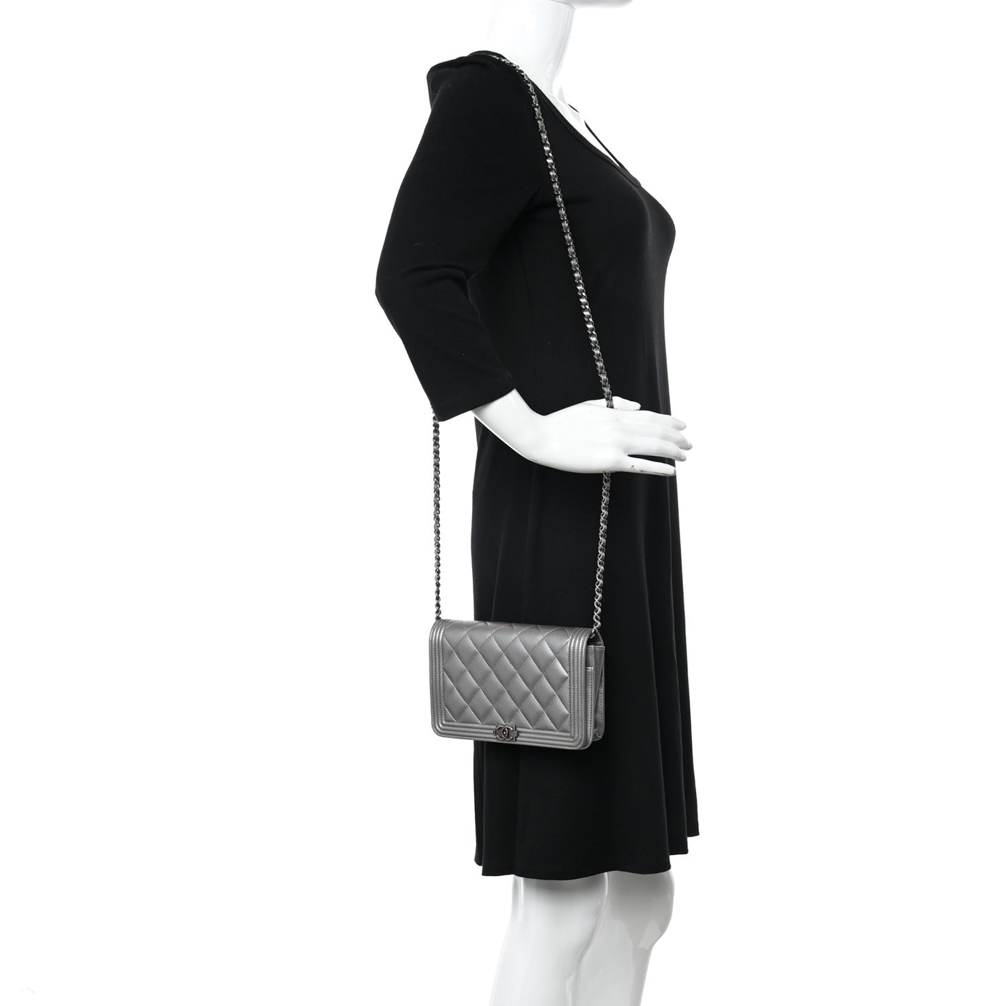 Metallic Caviar Quilted Boy Wallet On Chain WOC Silver