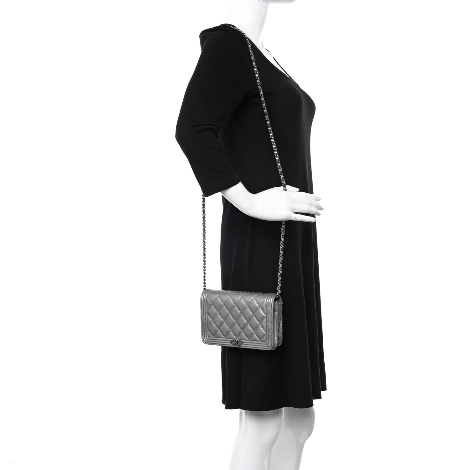Chanel Metallic Caviar Quilted Boy Wallet On Chain WOC Silver 2 of 12