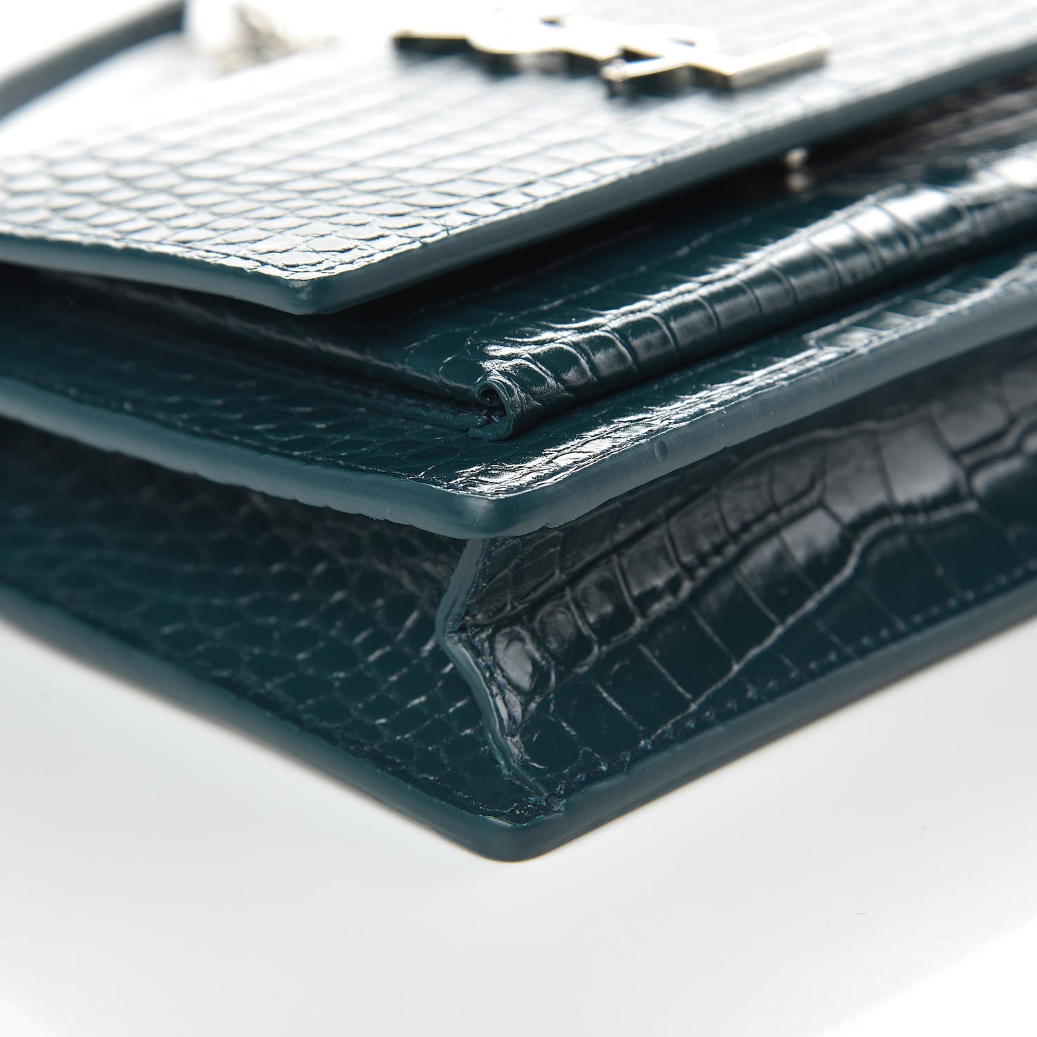 Saint Laurent Calfskin Crocodile Embossed Monogram Sunset Chain Wallet Dark Turquoise 7 of 9