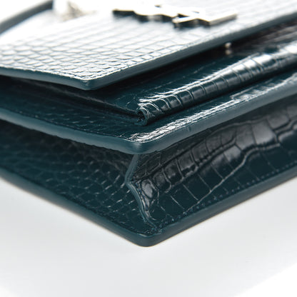 Saint Laurent Calfskin Crocodile Embossed Monogram Sunset Chain Wallet Dark Turquoise 7 of 9