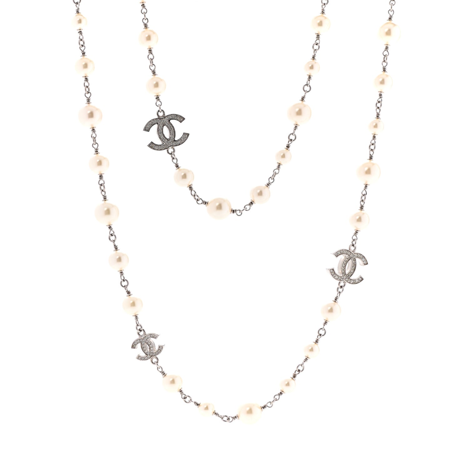 Crystal Pearl CC Long Necklace Silver