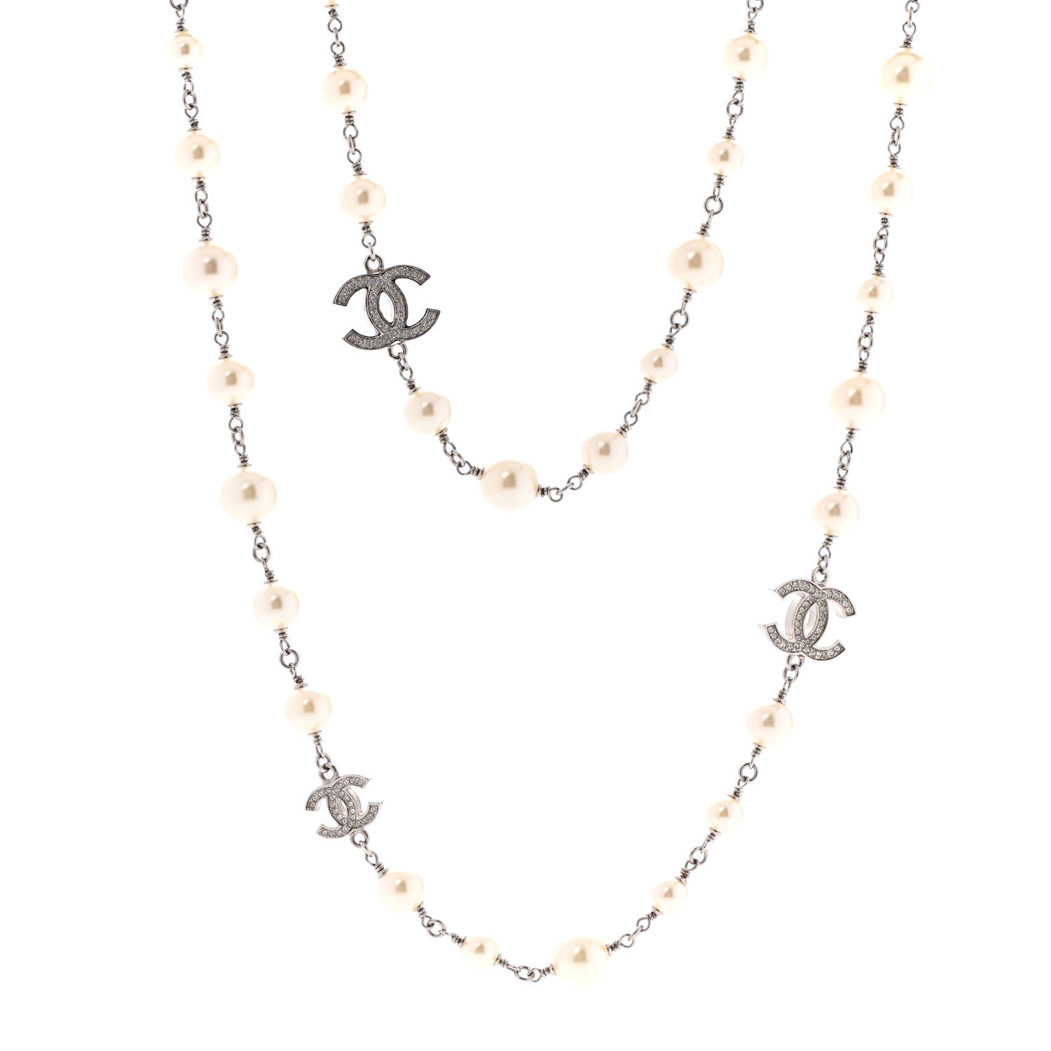 Chanel Crystal Pearl CC Long Necklace Silver 1 of 5
