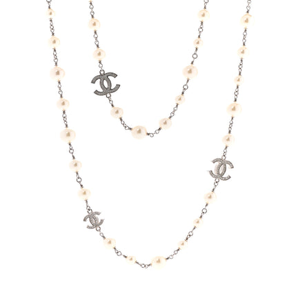 Chanel Crystal Pearl CC Long Necklace Silver 1 of 5