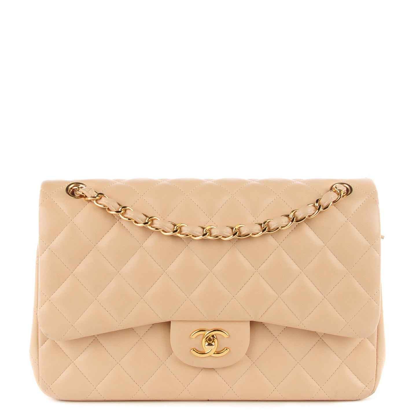 Lambskin Quilted Jumbo Double Flap Beige