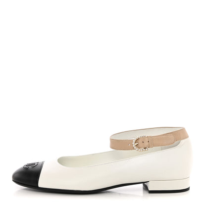 Chanel Lambskin Pearl Cap Toe CC Ankle Strap Flats 38 White Black Beige 1 of 9