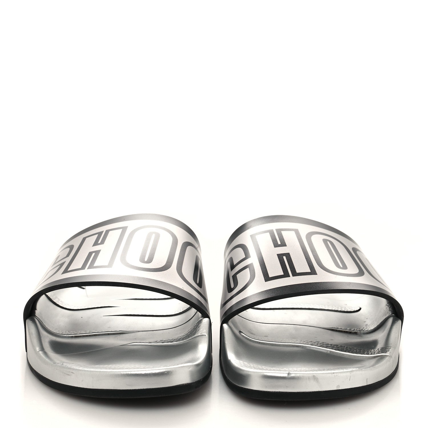 Jimmy Choo Metallic Rubber Logo Rey/F Slide Sandals 39 Silver Black 2 of 7