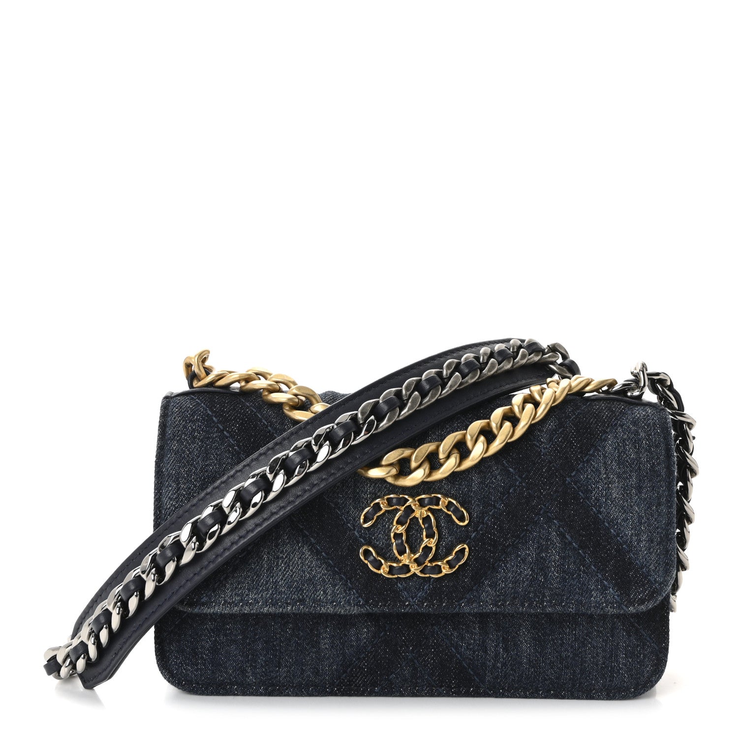 Chanel Denim Quilted Chanel 19 Flap Phone Holder With Chain Blue 1 of 11
