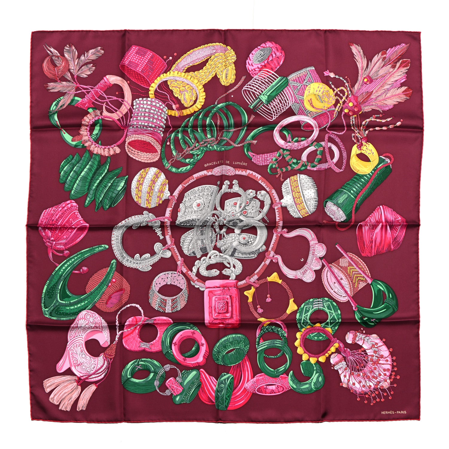 Hermes Silk Bracelets de Lumière Scarf 90  Bordeaux Emeraude Rose Vif 1 of 4