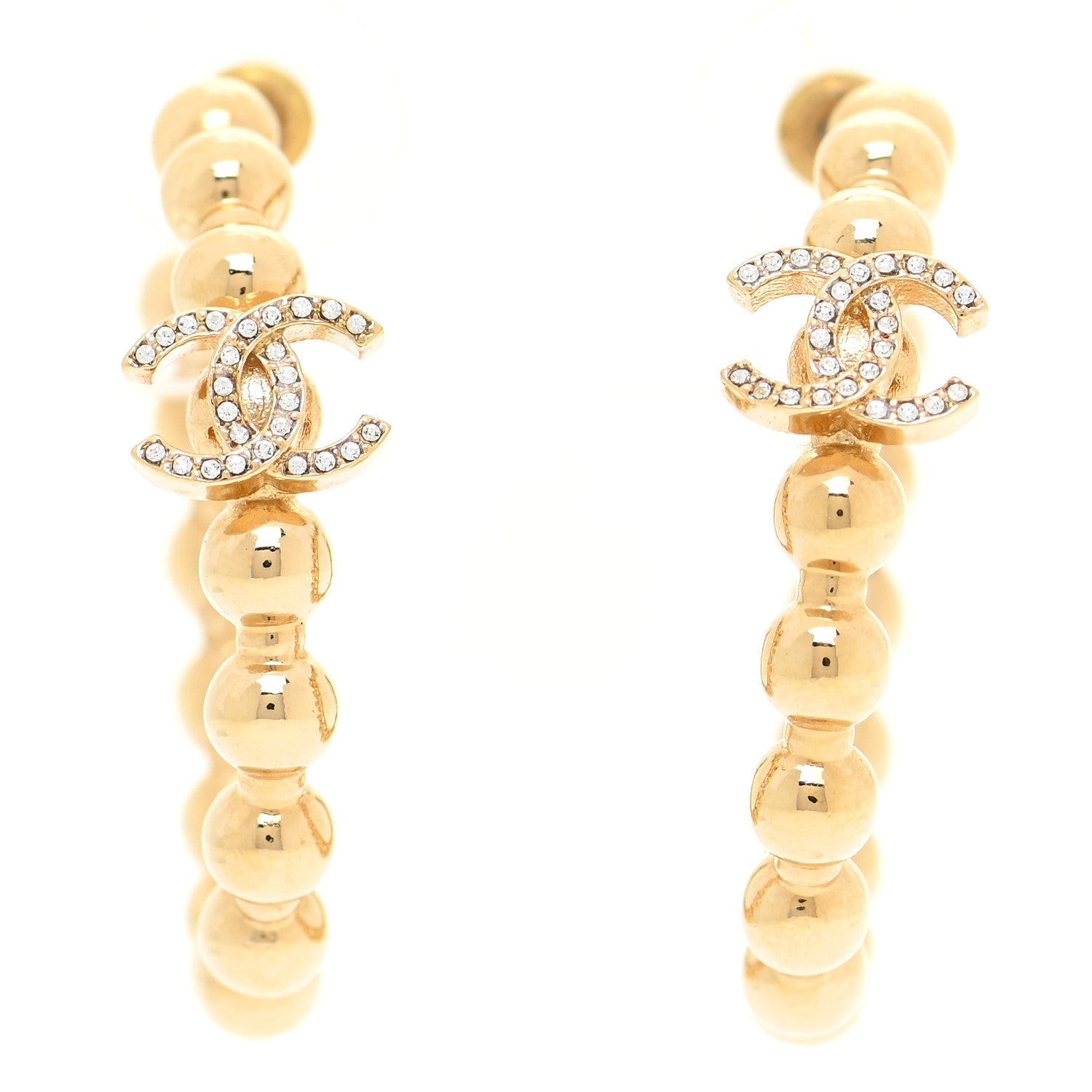Chanel Crystal Bead CC Hoop Earrings Gold 1 of 5
