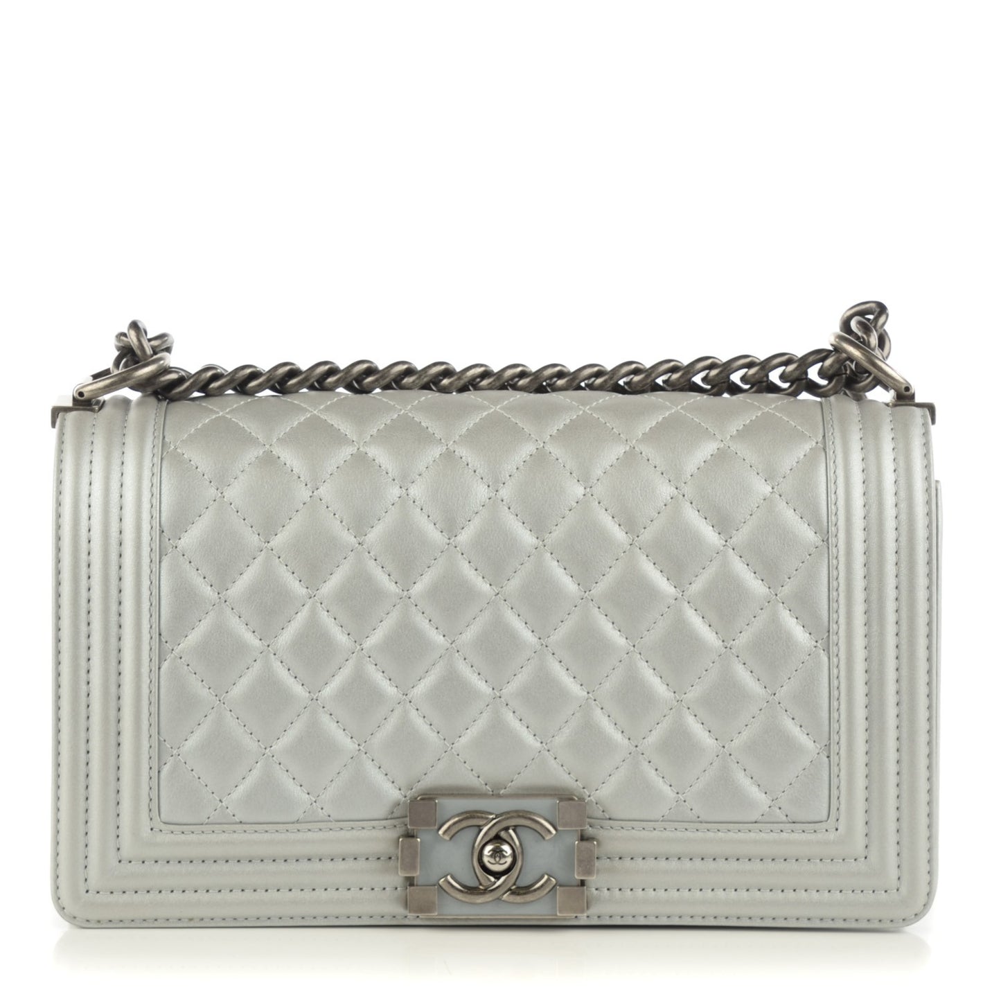 Metallic Calfskin Quilted Medium Boy Flap Silver
