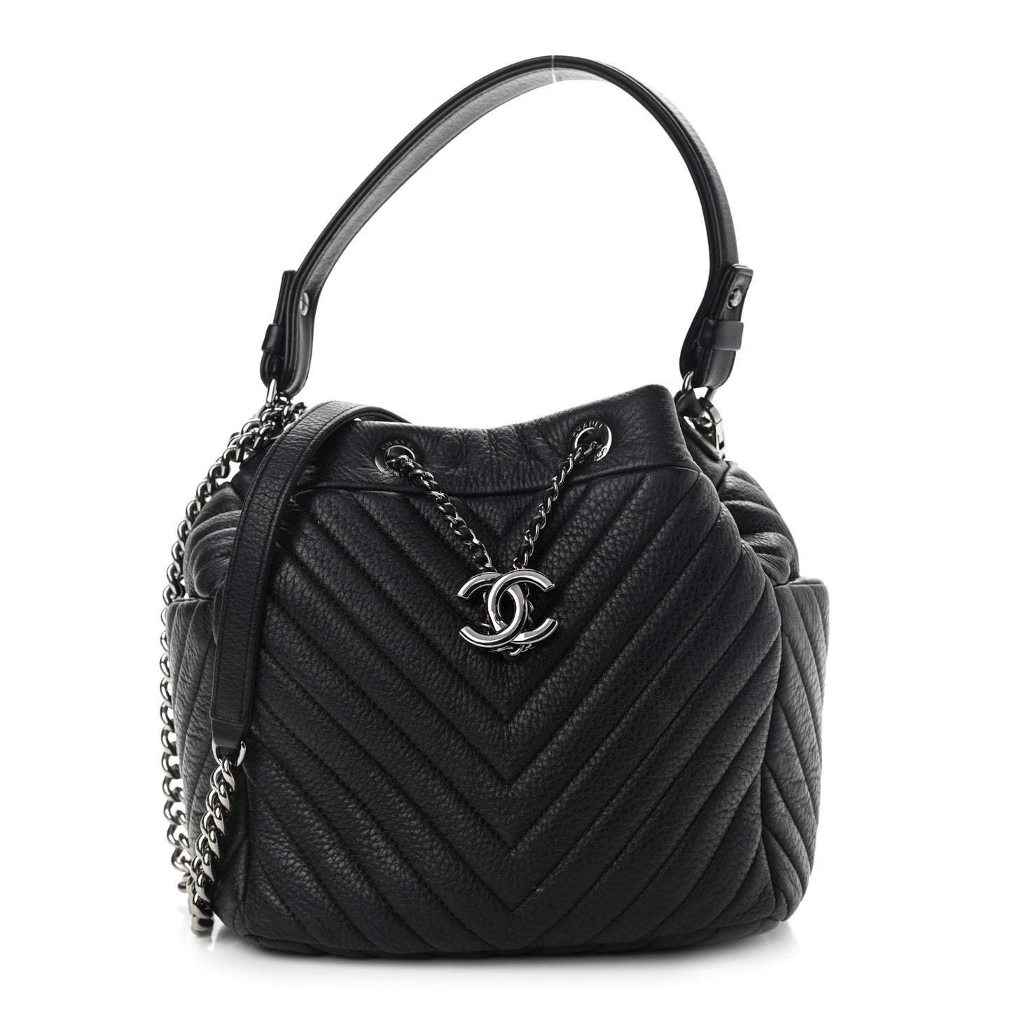Deerskin Chevron Small CC Chain Bucket Drawstring Bag Black
