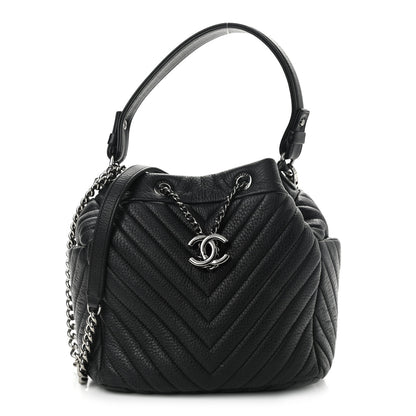 Chanel Deerskin Chevron Small CC Chain Bucket Drawstring Bag Black 1 of 11