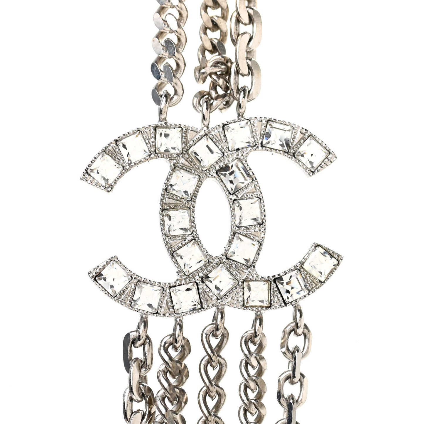 Baguette Crystal CC Shield Multi Strand Long Chain Necklace Silver