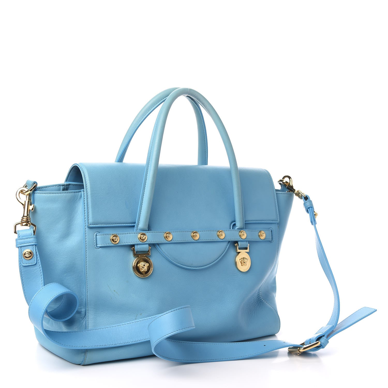 Versace Calfskin Large Signature Satchel Blue 4 of 14