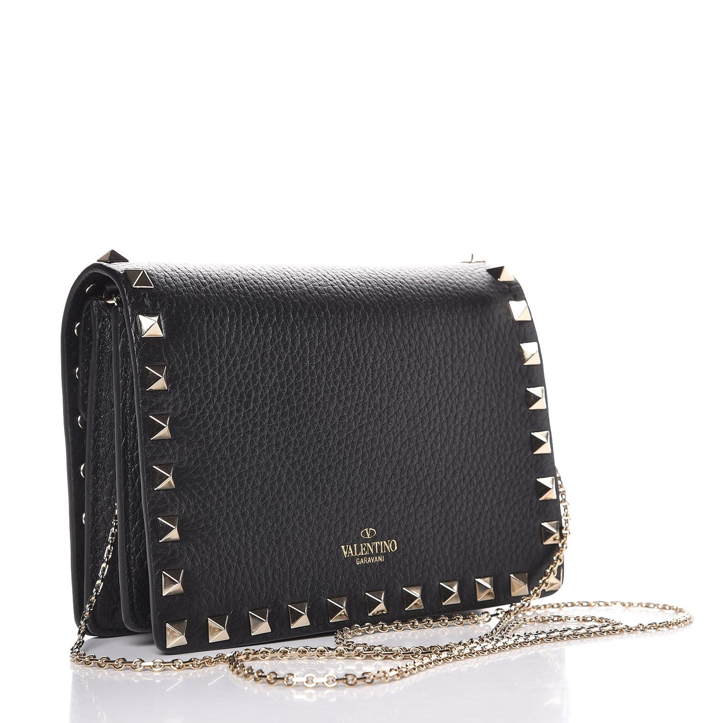Pebbled Calfskin Rockstud Wallet on Chain Black