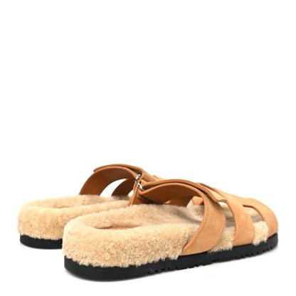 Hermes Suede Goatskin Woolskin Womens Chypre Sandals 39 Golden Beige 5 of 10
