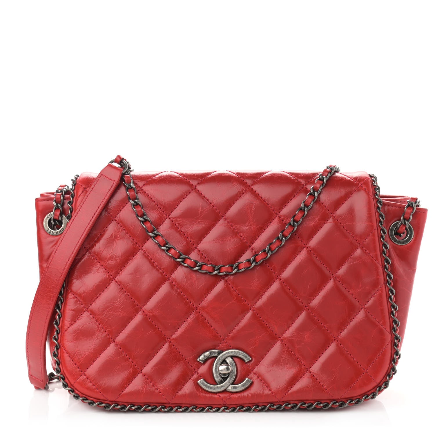 Chanel Glazed Calfskin Quilted Small CC Enchained Accordion Flap Red 1 of 10