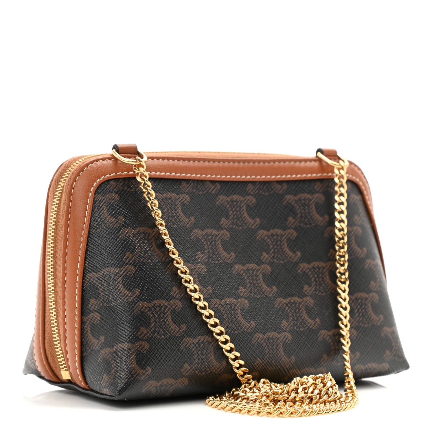 Celine Triomphe Canvas Calfskin Mini Clutch on Chain Tan 3 of 10