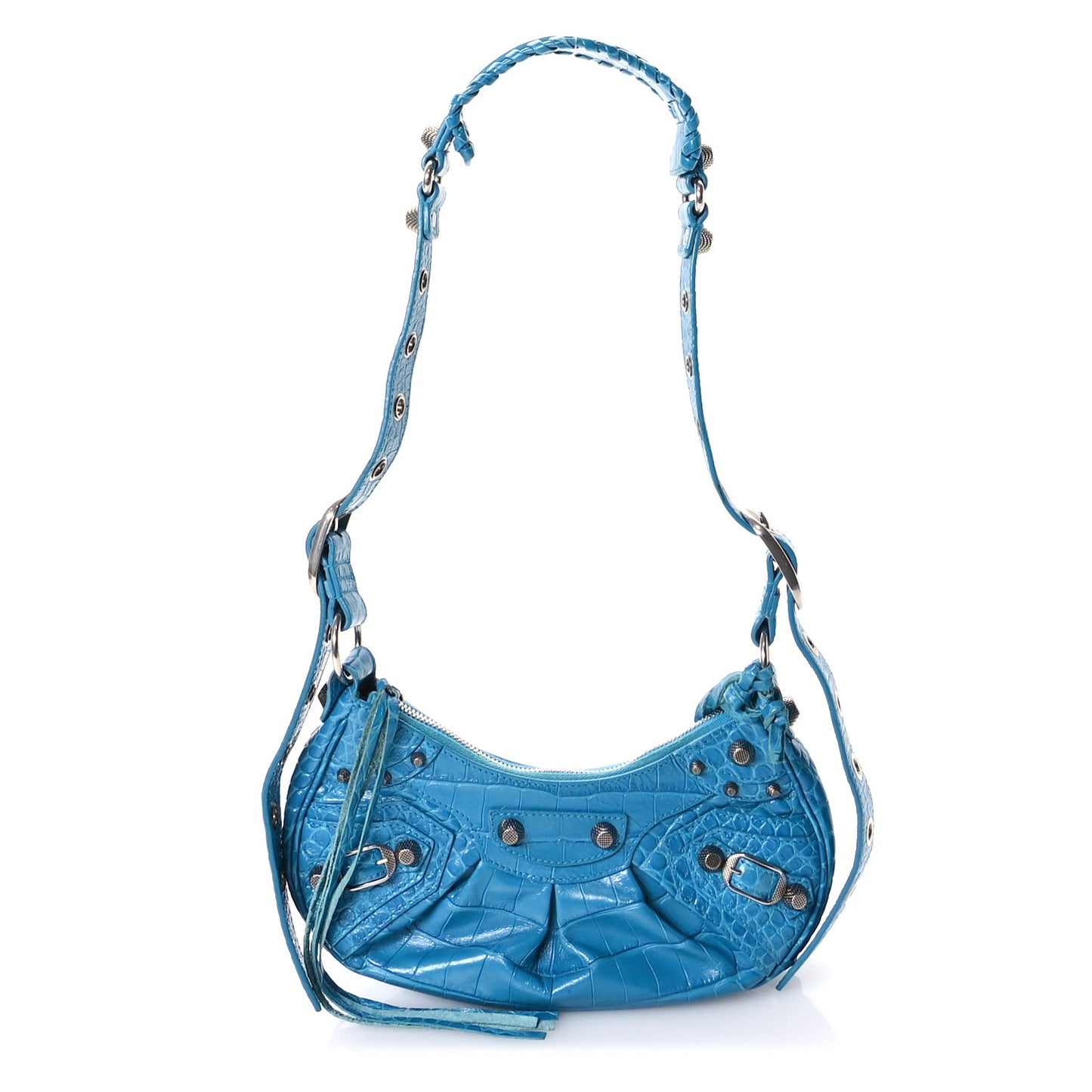 Extra Supple Calfskin Crocodile Embossed Le Cagole Shoulder Bag XS Turquoise