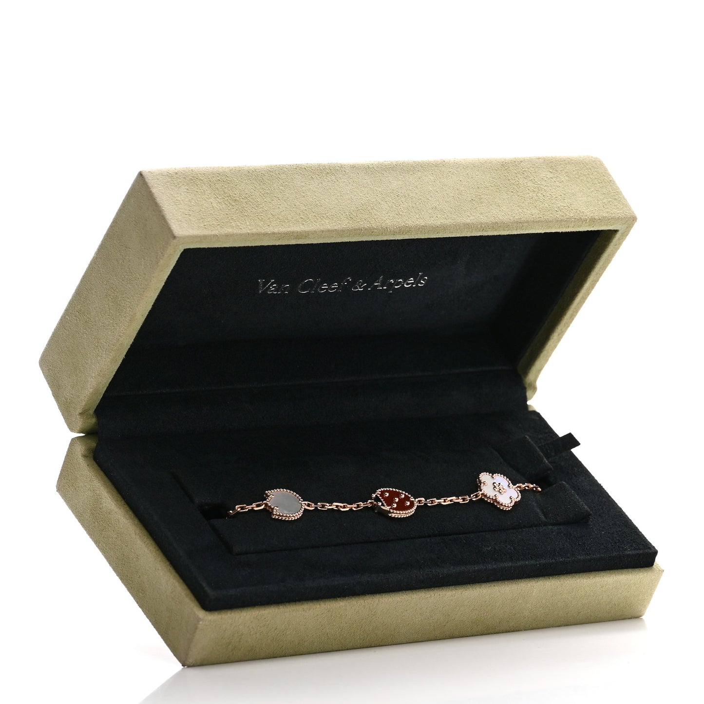 18K Rose Gold Carnelian Mother of Pearl Onyx 5 Motifs Lucky Spring Bracelet