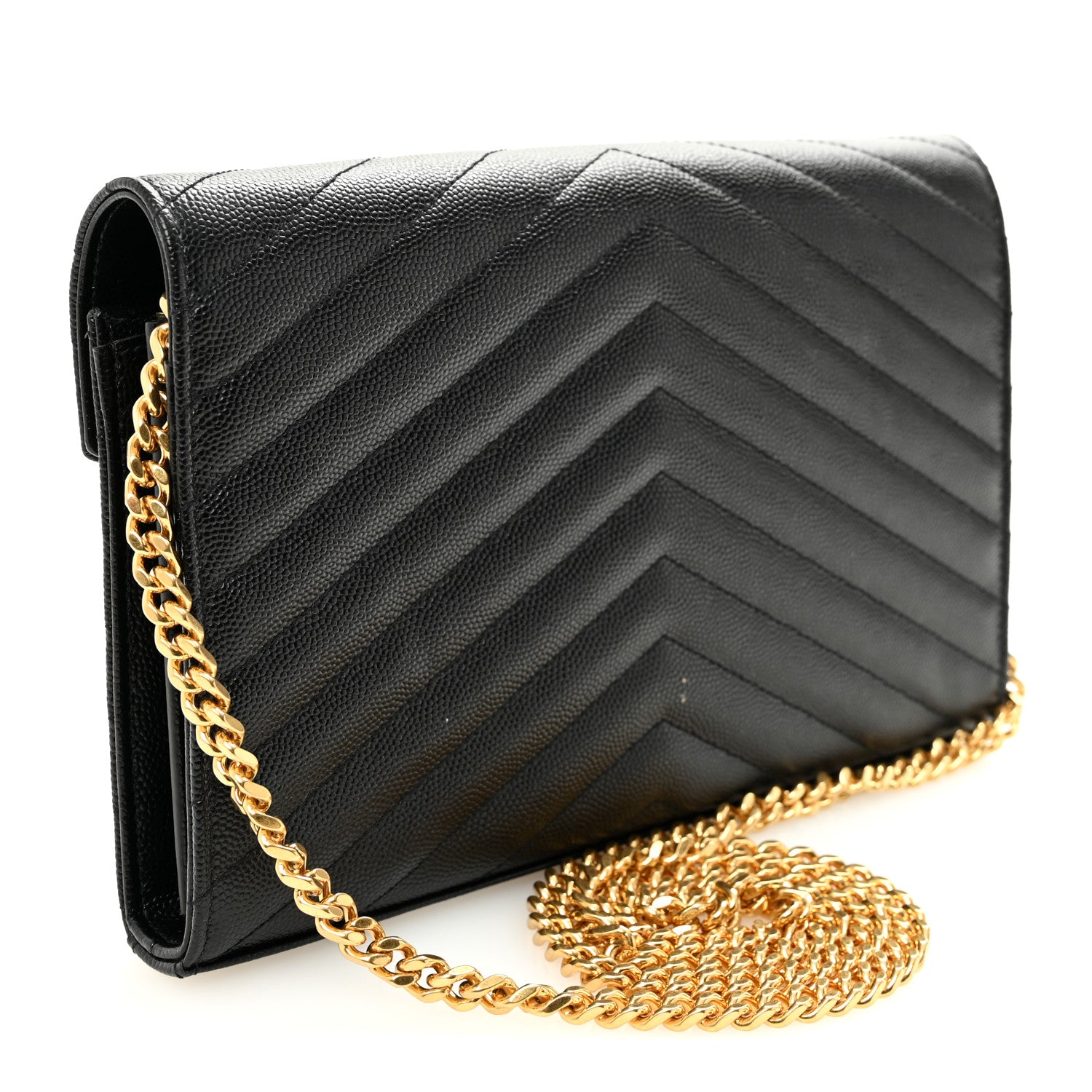 Saint Laurent Grain De Poudre Matelasse Chevron Monogram Chain Wallet Black 3 of 10