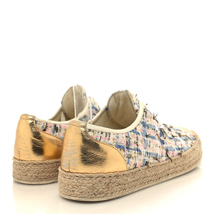 Chanel Tweed Laminated Lambskin Lace Up Espadrilles 39 Pink Blue Gold White 4 of 9