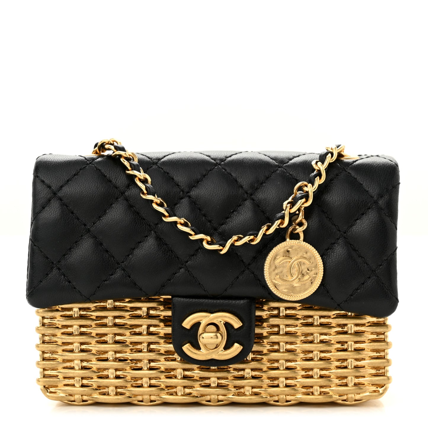 Woven Metal Lambskin Quilted Small Flap Black Gold