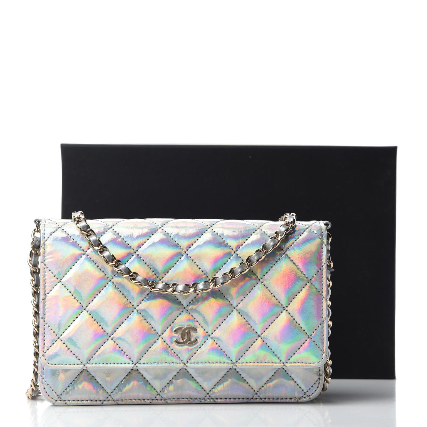Iridescent Goatskin Quilted Wallet On Chain WOC Silver