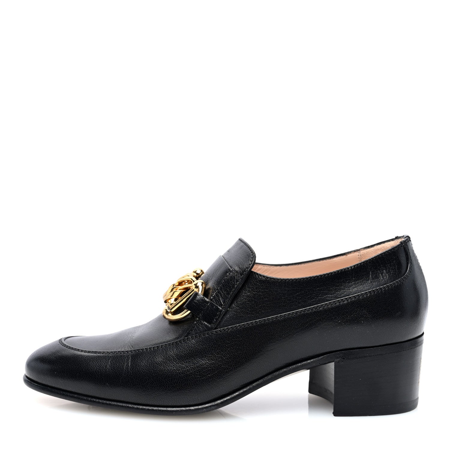 Gucci Goatskin Womens Chain Mid-Heel Loafers 37 Black 1 of 8