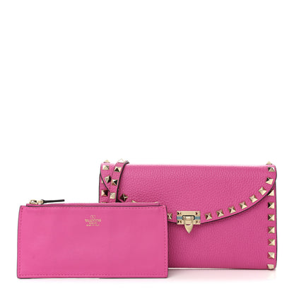 Valentino Garavani Grainy Calfskin Rockstud Flip Lock Wallet With Chain Pink PP 3 of 10