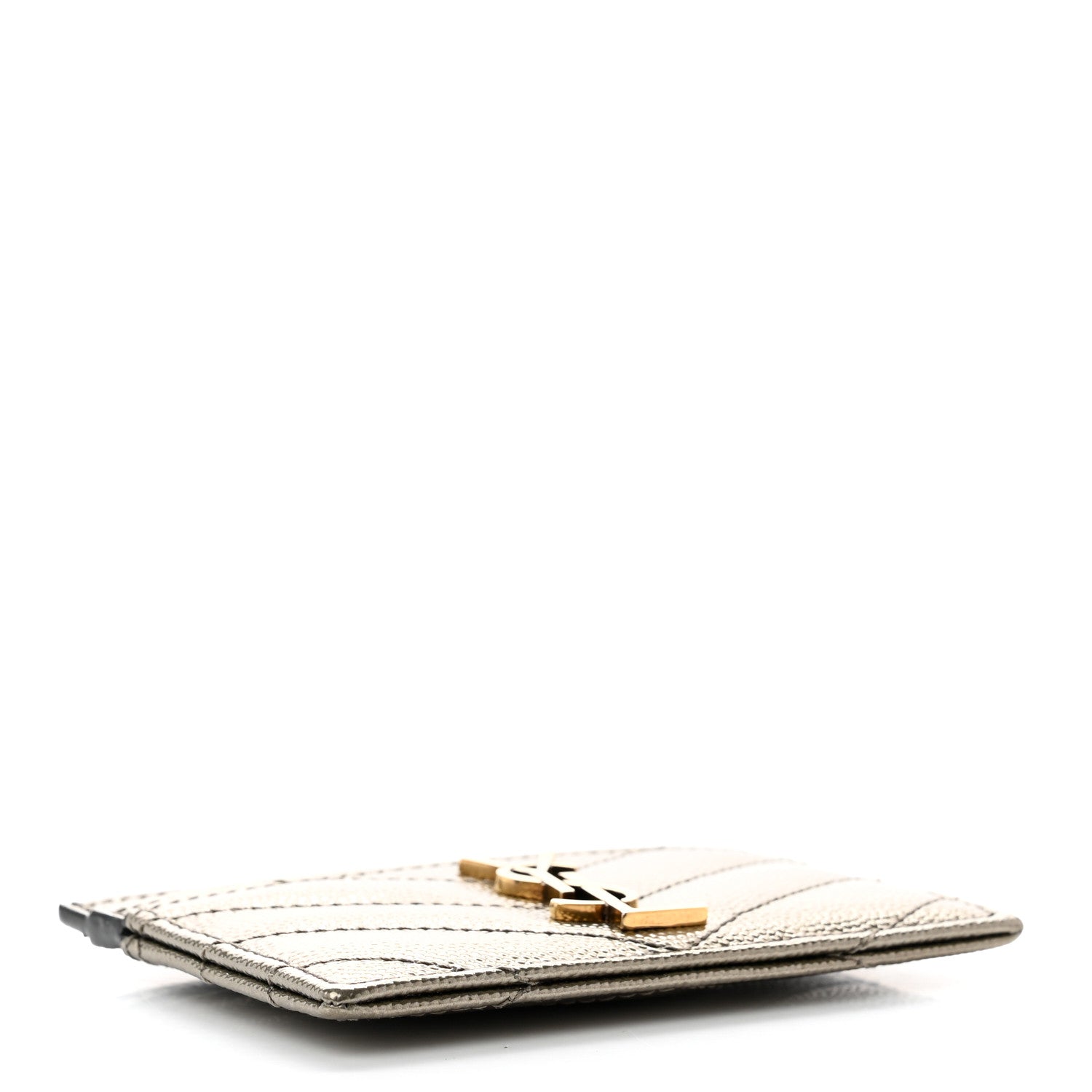 Saint Laurent Metallic Grain De Poudre Matelasse Chevron Monogram Credit Card Case Pewter 4 of 7