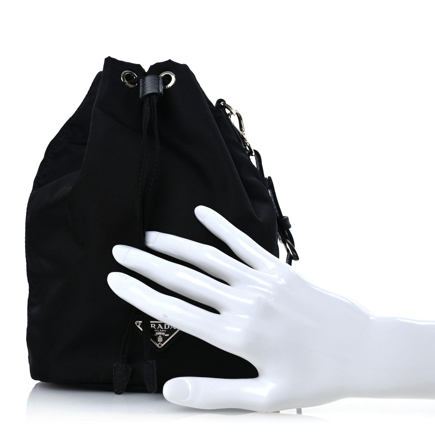 Saffiano Tessuto Nylon Vela Bucket Wristlet Black