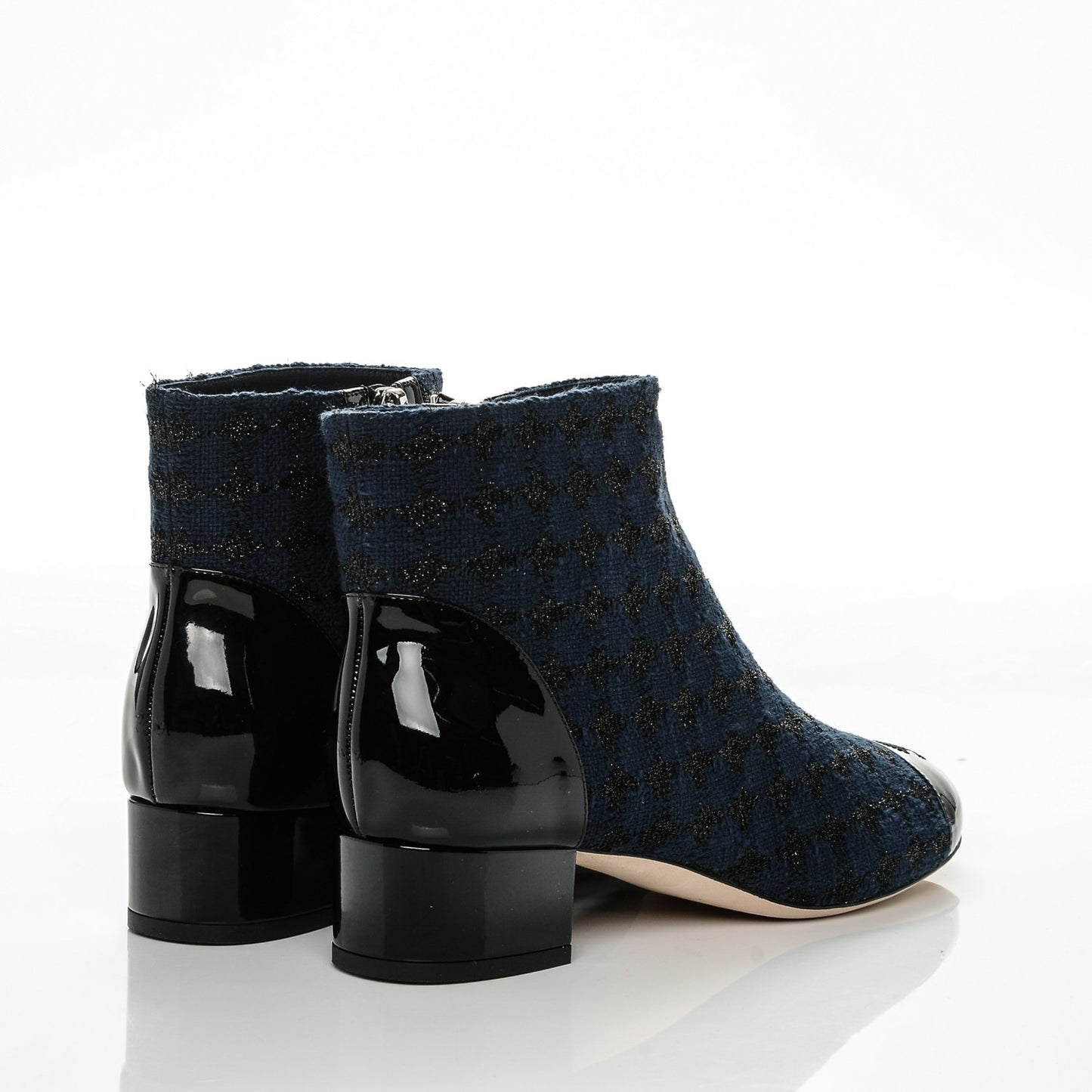 Tweed Calfskin Patent CC Short Boots 40 Navy Black