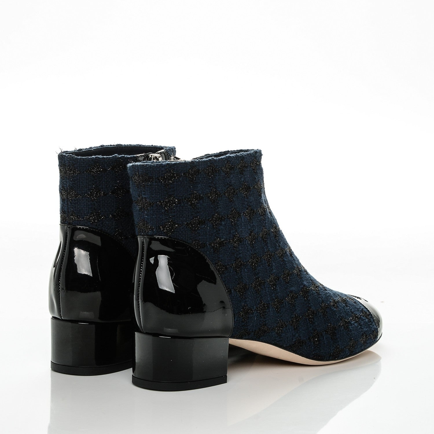Chanel Tweed Calfskin Patent CC Short Boots 40 Navy Black 4 of 6