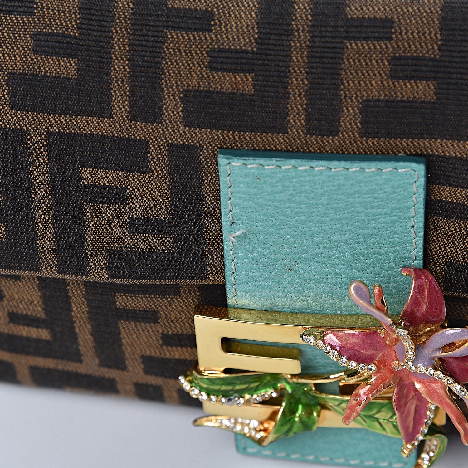 Fendi Zucca Crystal Flower Baguette Tobacco Turquoise 7 of 10