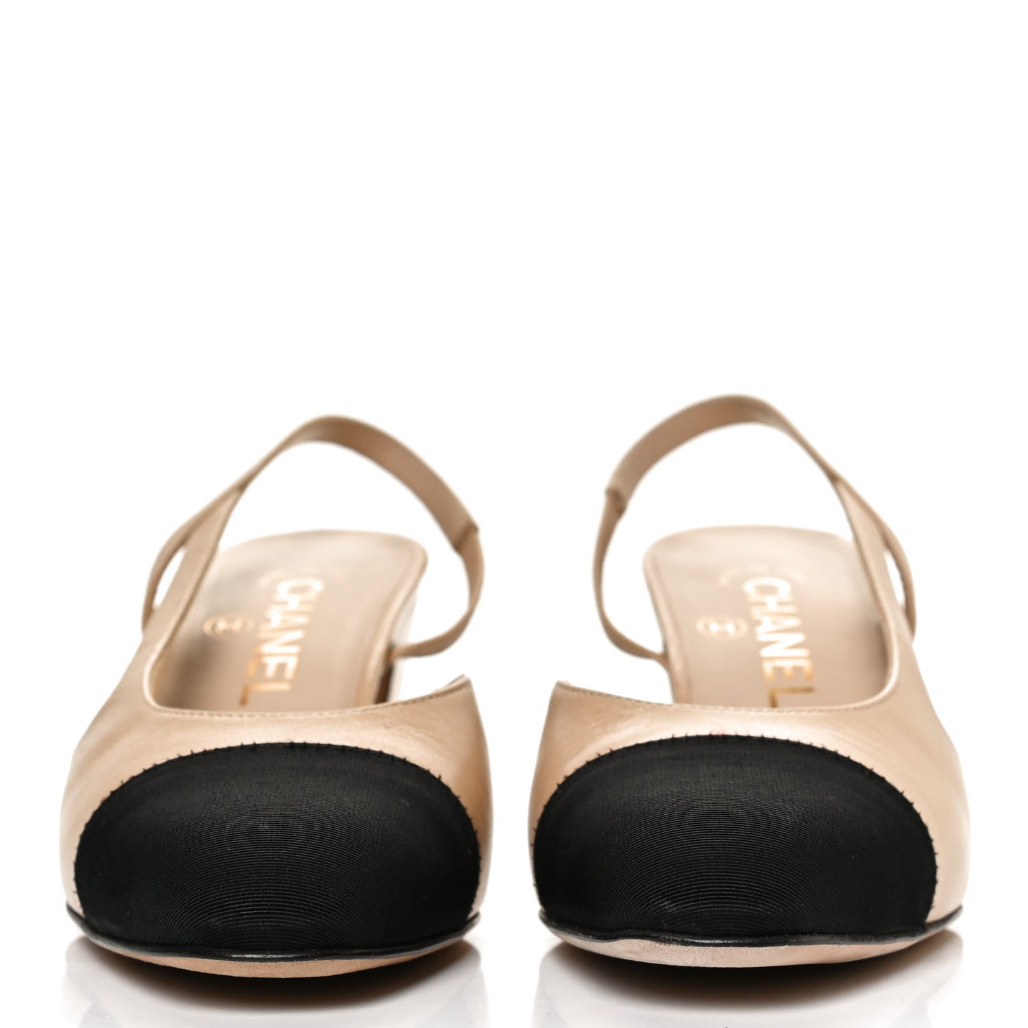 Chanel Goatskin Grosgrain Cap Toe CC Slingback Pumps 36 Beige Black 2 of 11