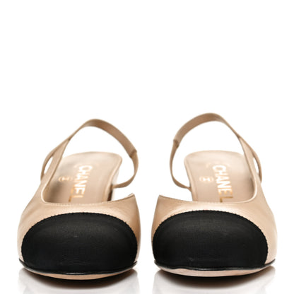 Chanel Goatskin Grosgrain Cap Toe CC Slingback Pumps 36 Beige Black 2 of 11