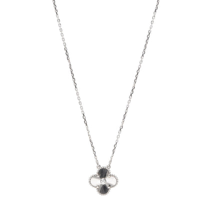 Van Cleef & Arpels 18K White Gold Diamond Guilloche Vintage Alhambra Pendant Necklace 1 of 8