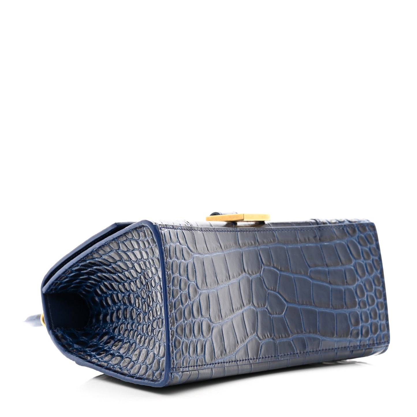 Shiny Calfskin Crocodile Embossed Small Hourglass Top Handle Bag Navy