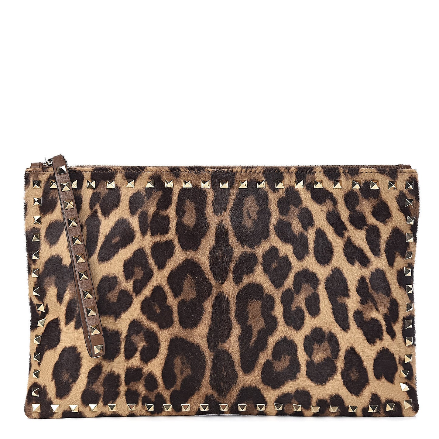 Calf Hair Leopard Print Rockstud Zip Wristlet Pouch Leopard
