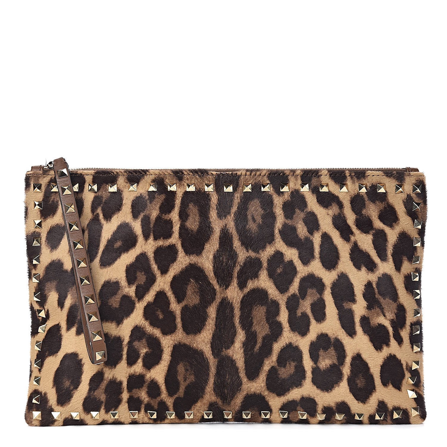 Valentino Garavani Calf Hair Leopard Print Rockstud Zip Wristlet Pouch Leopard 1 of 9