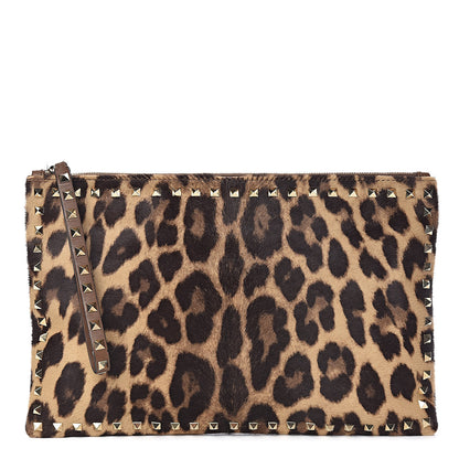 Valentino Garavani Calf Hair Leopard Print Rockstud Zip Wristlet Pouch Leopard 1 of 9